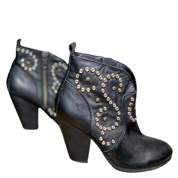 STEVE MADDEN Awsum Black Silver Studded Heeled Ankle Boho Leather Booties 6 - Picture 6 of 7